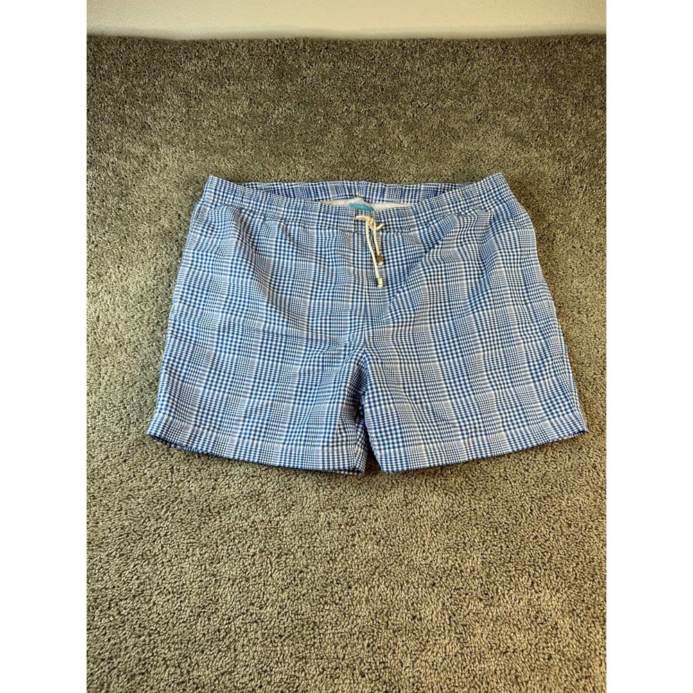 J Mclaughlin Swim Trunks Mens Extra Large Blue Plaid Bathing Suit Shorts FLAW